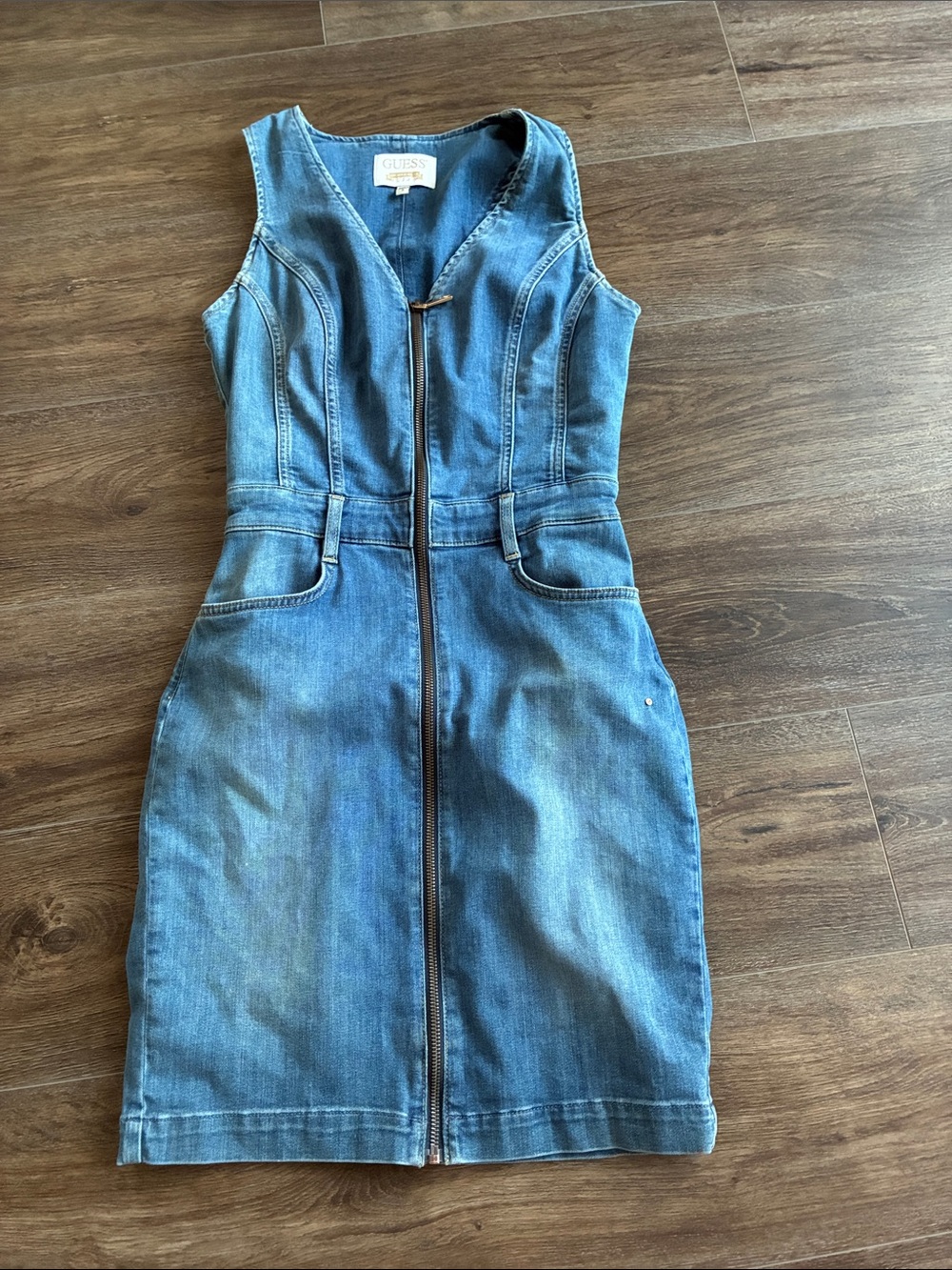 GUESS Blue Denim Zip-Front Midi Dress